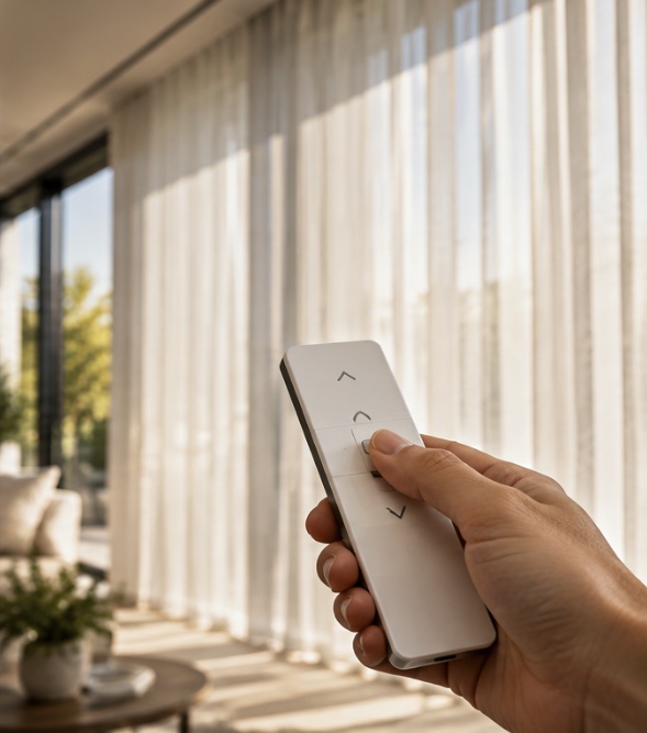 Motorised sheer curtains operated with a remote