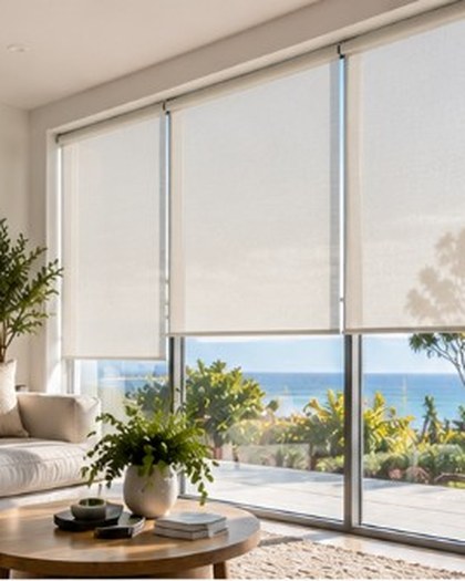 Sheer white roller blinds in a coastal living room