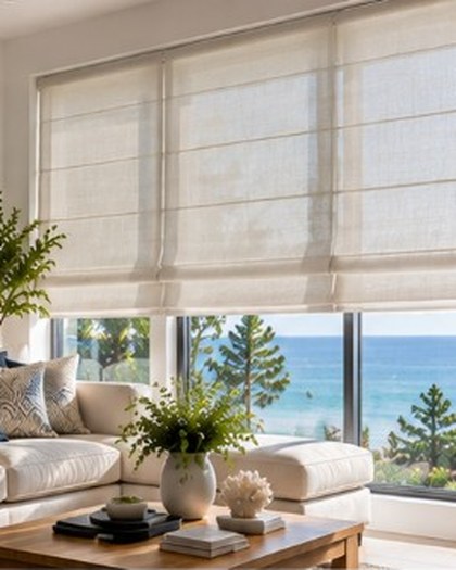 Natural linen Roman blinds in a coastal living room