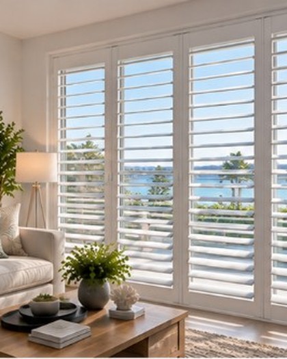 White plantation shutters in a coastal living room